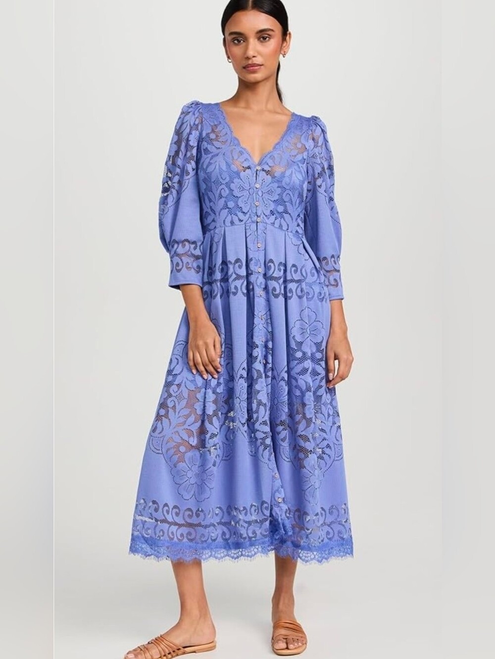 NWT Free People Shadow Dance Periwinkle Lace Midi Dress 2-in-1 Button Front Boho - Picture 2 of 16